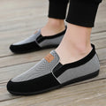 Men's grey and khaki canvas board shoes with round toe and rubber sole