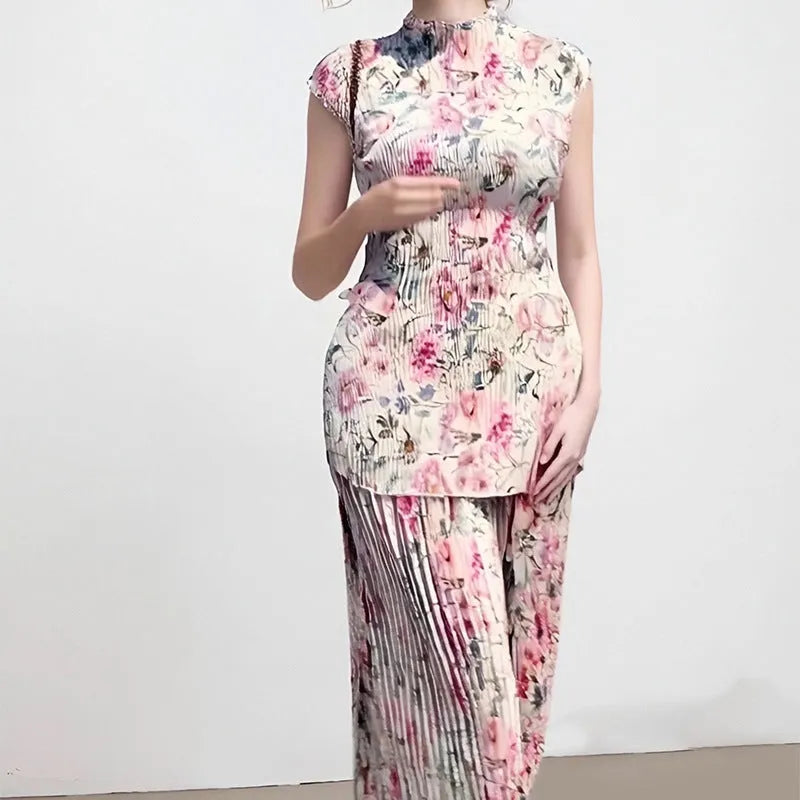 Printed chiffon dress with high waist and long sleeves in picture colour