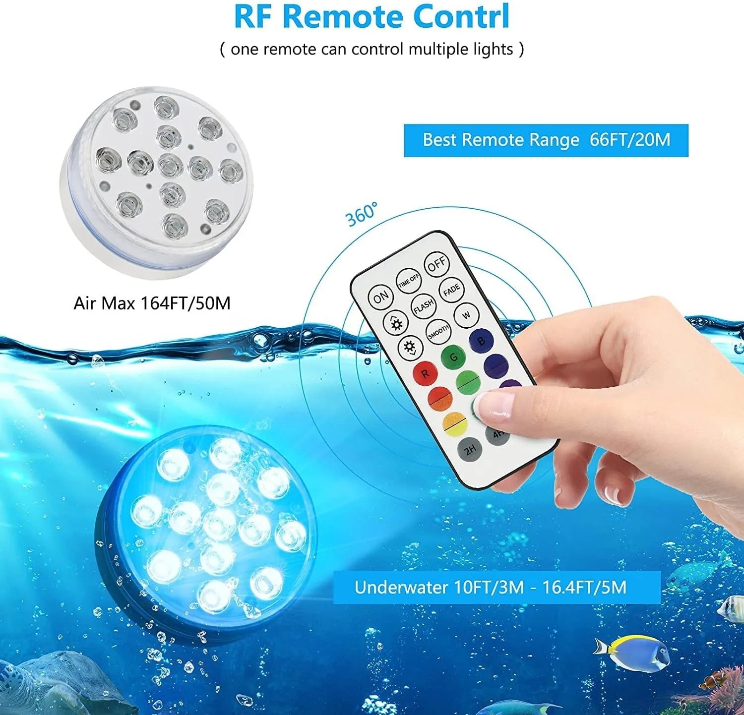 LED colour changing remote control diving light with IP68 waterproof rating for indoor and outdoor use