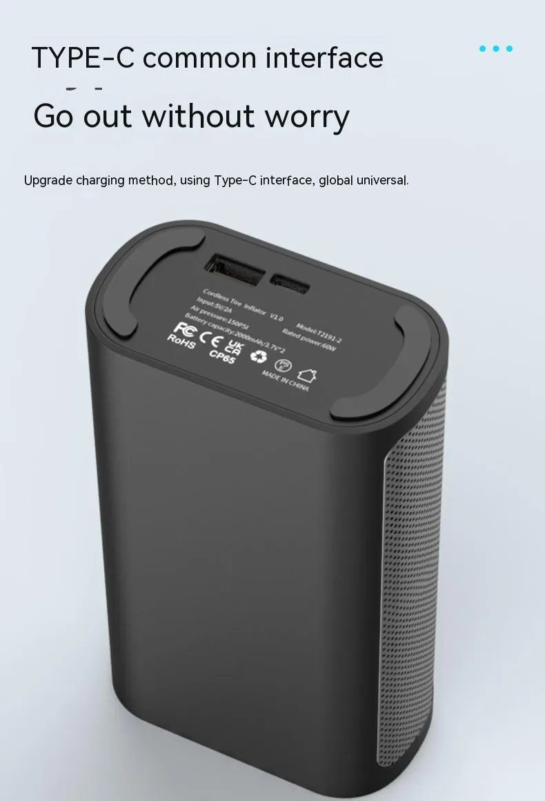 Handheld wireless digital car tyre inflator with LCD screen, made from black ABS plastic, shown with charging cable and nozzle adaptors.