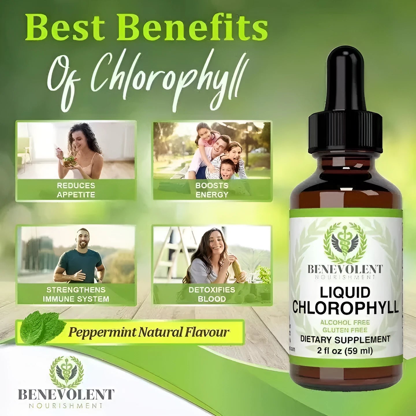60ml bottle of natural liquid chlorophyll drops for adult intestinal care and body odour support.