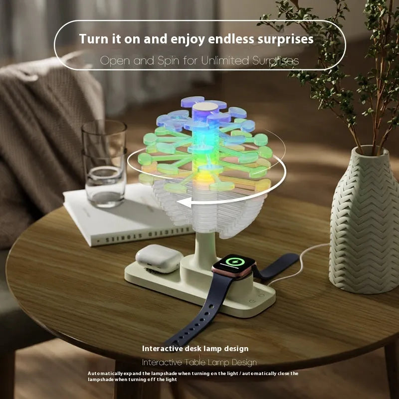 White spiral tree LED table lamp with geometric design on wooden desk