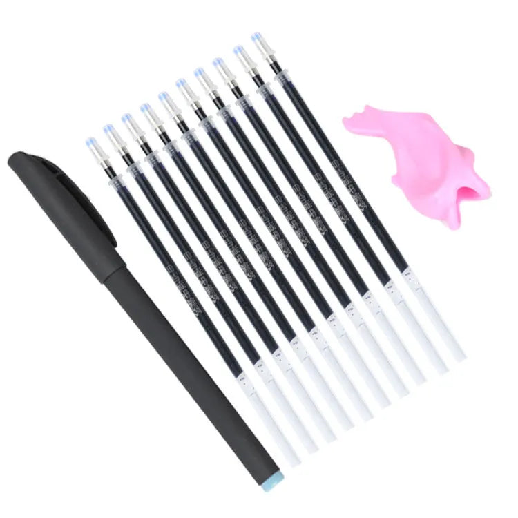 Automatic fading pen set with 0.5mm tip, 130mm plastic body, blue ink cartridges, pen pole, and holder