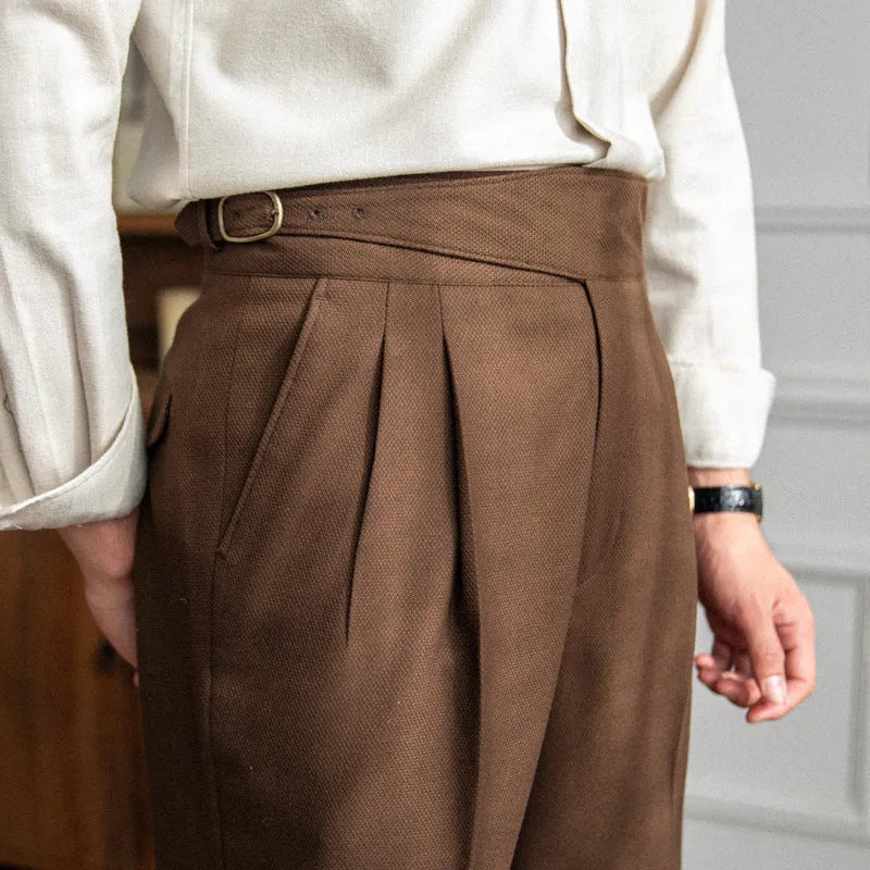 Men's high waist straight leg casual trousers in polyester fabric showing black, brown, khaki and white colour options