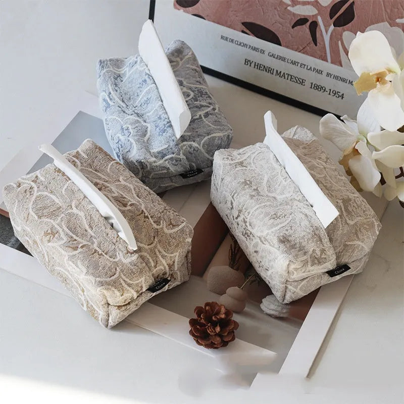 Chinese style fabric tissue box with cotton rose pattern in beige, blue or brown for living room tea tables