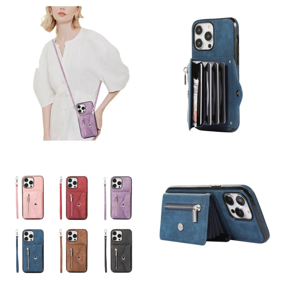 Blue polyurethane phone case with crossbody rope and built-in bracket for iPhone