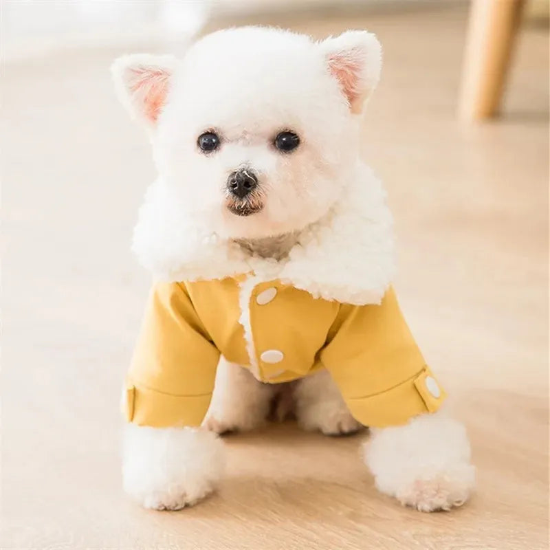 Yellow denim patchwork puppy coat with Sherpa fleece lining, waterproof and windproof, for small and medium dogs