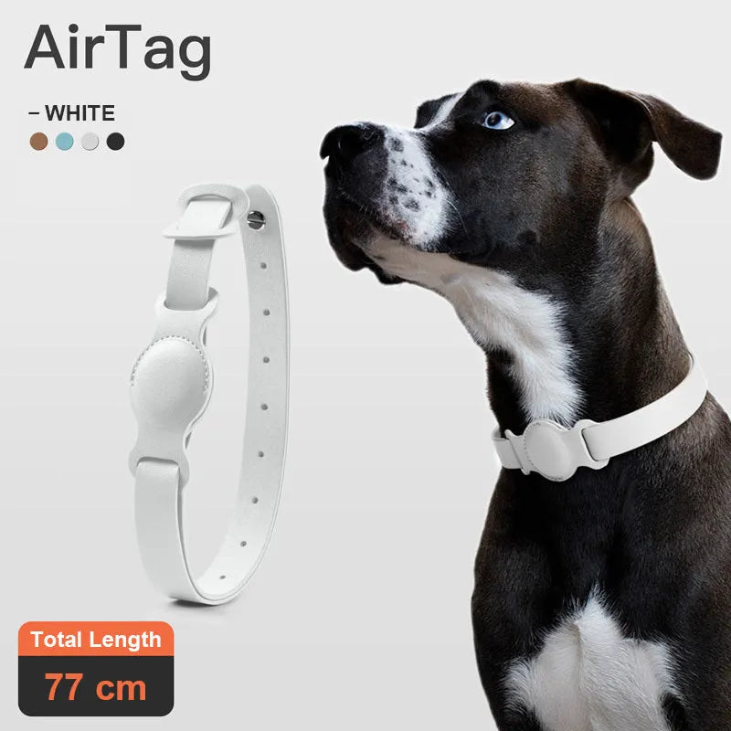 Leather pet collar case for AirTag, adjustable 40-77cm, fog blue colour, on a light background