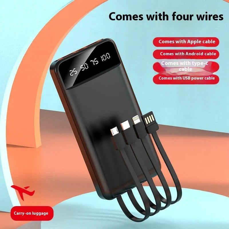 20000 mAh black power bank with charging cable showing compact portable design