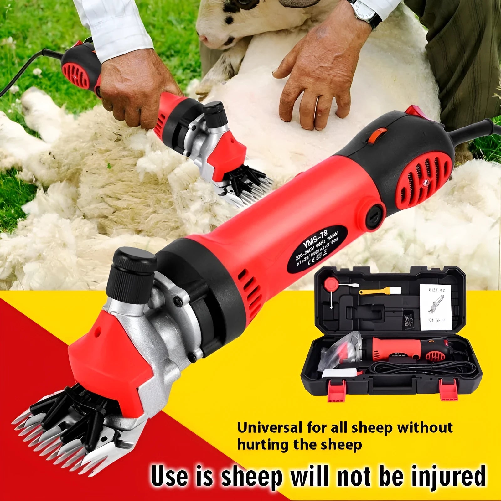Yellow electric sheep shearing machine with 13 straight teeth and complete accessory set including multiple blades and tools