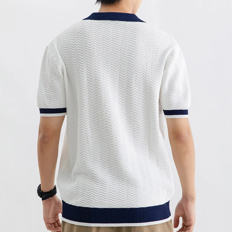 Men's summer Ice Silk striped polo shirt with short sleeves in dark green, regular fit, on white background