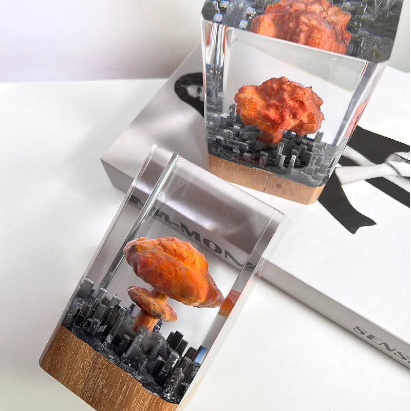 Small resin craft night lamp ornament shaped like an atomic bomb mushroom cloud explosion.