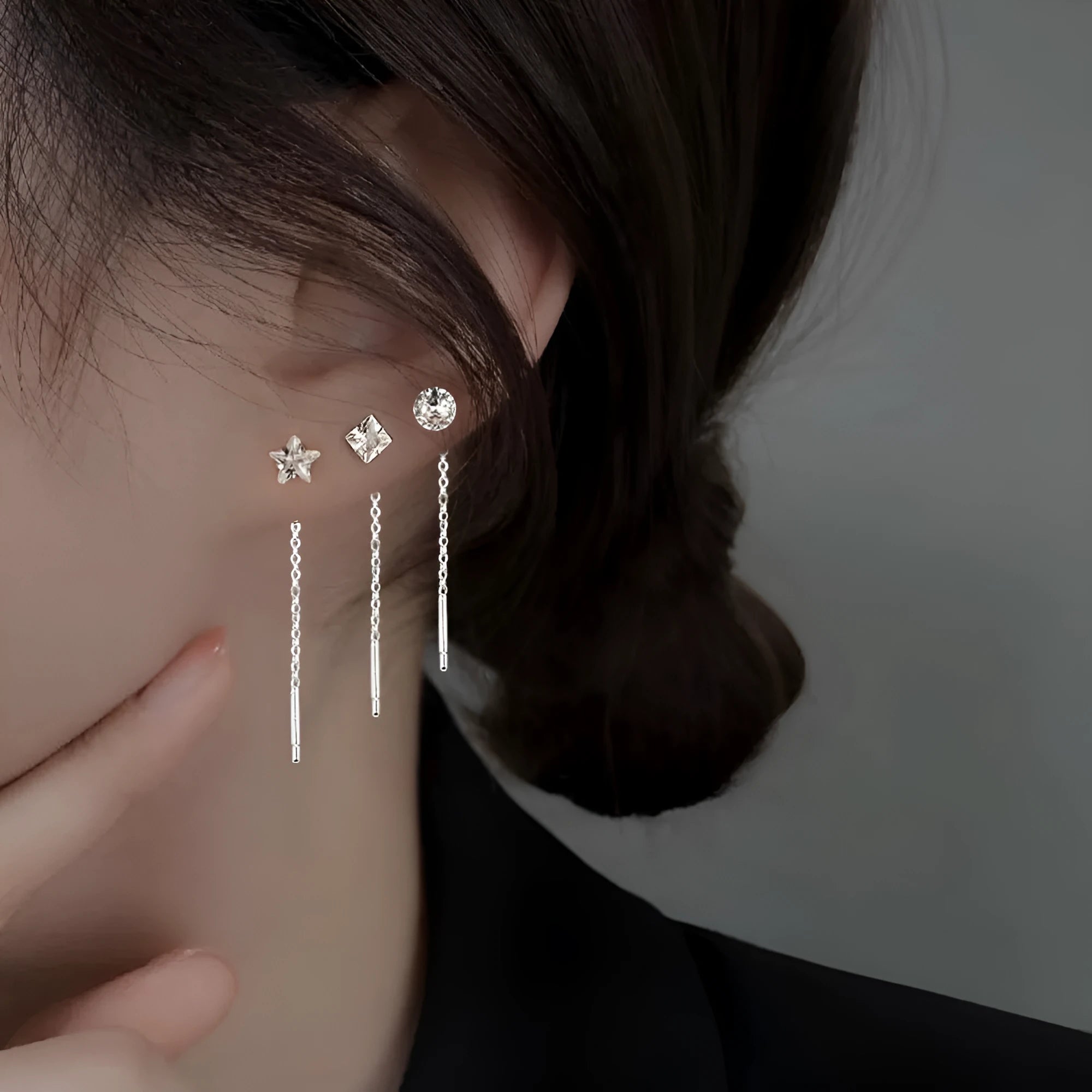 Geometric square zircon tassel single diamond round XINGX earrings for women in copper Korean style