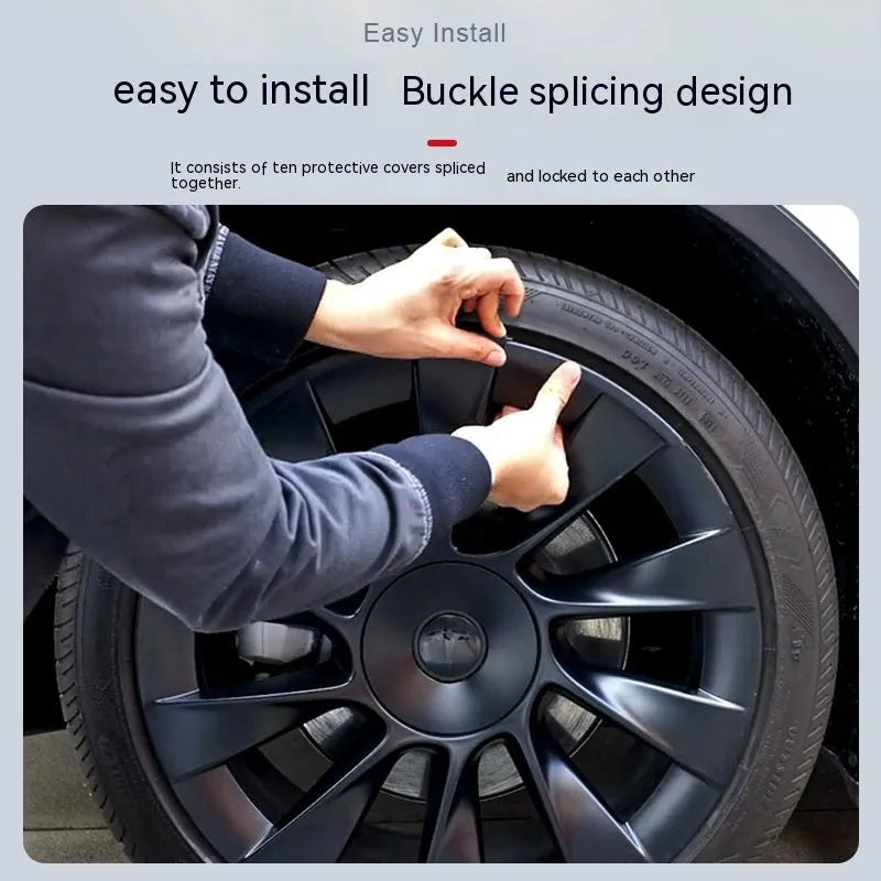 Tesla Model Y plastic wheel hub cover set in multiple colour options including carbon fiber pattern