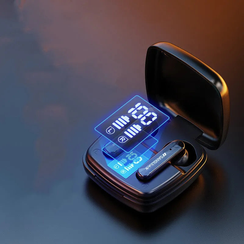 Wireless black semi-in-ear Bluetooth earphones showing digital battery display on earpiece