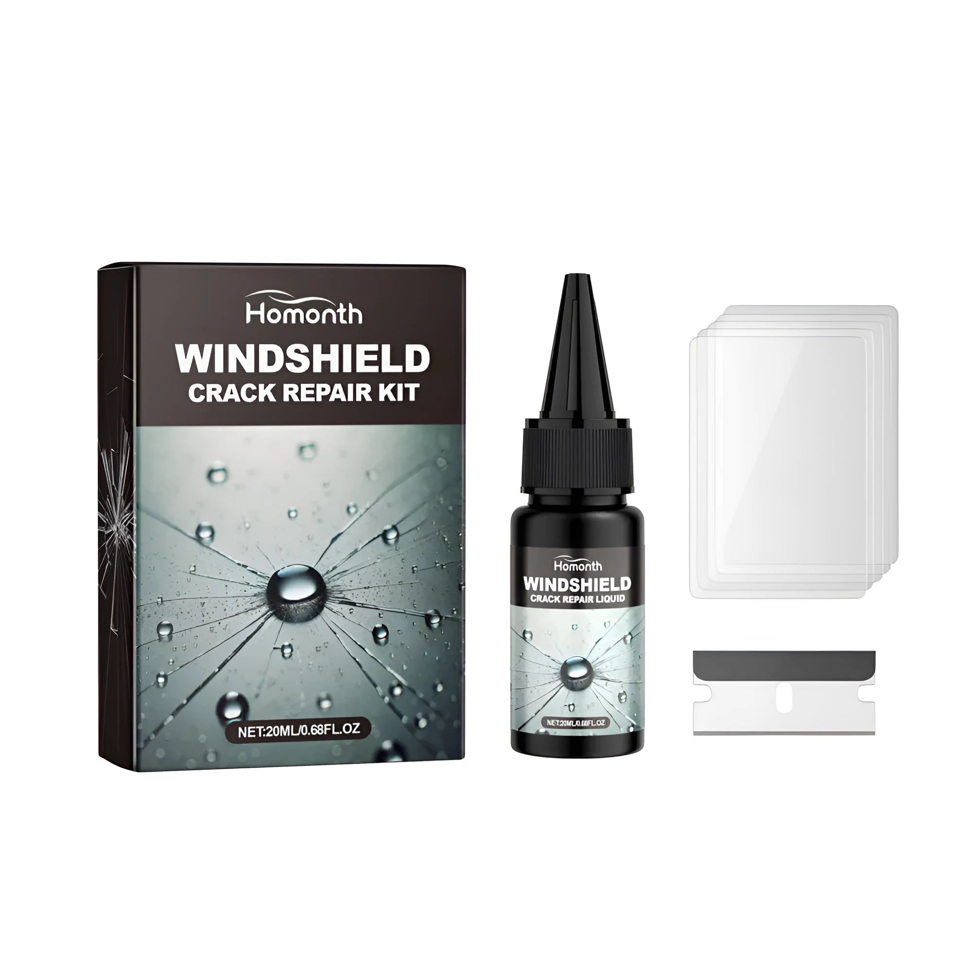 Car windshield crack repair kit with nano liquid bottle, blade, and curing film sets in box