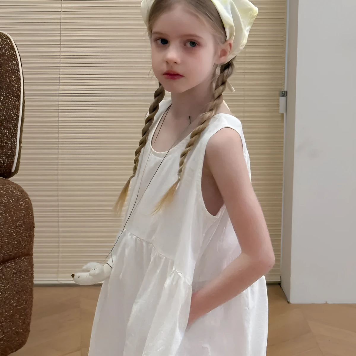 Girls white cotton suspender dress with dot pattern, summer French style, sizes 90cm to 150cm