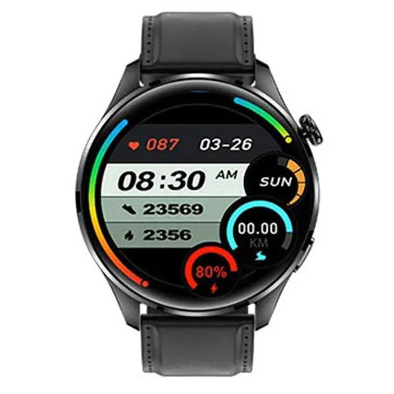 Smart watch with round IPS screen showing interface, zinc alloy case, and black silicone strap