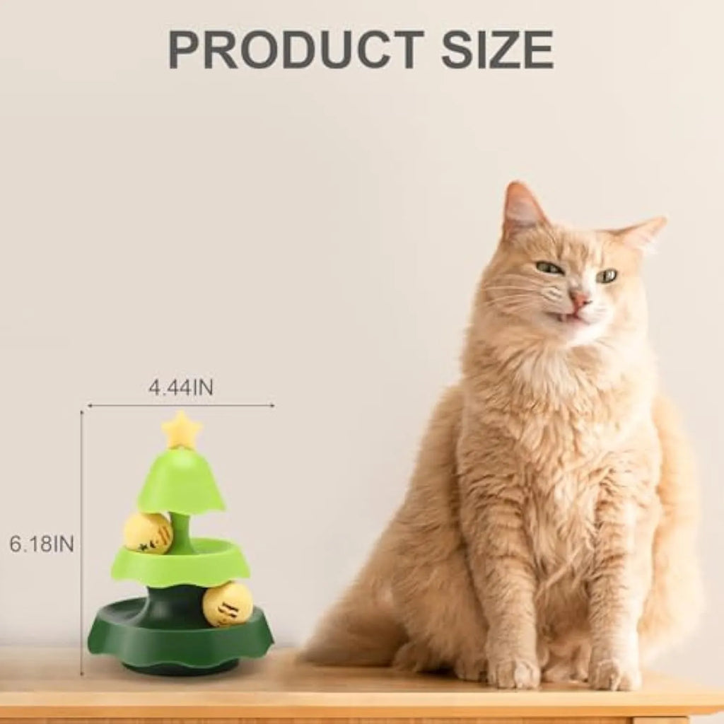 Green tree-shaped cat track toy with two levels and moving balls for indoor cats