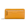 Women's long clutch wallet in PU leather with zip fastening and change section, shown in yellow, red, green, blue, black and pink.