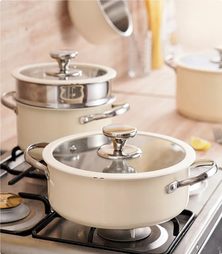 Four 304 stainless steel double bottom soup pots in beige with composite glass lids in a gift box