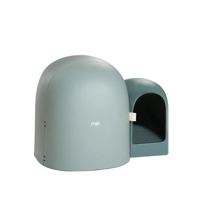 Fully enclosed cat litter box in ABS plastic with dimensions 67.7cm x 49cm x 50cm shown in moss green colour