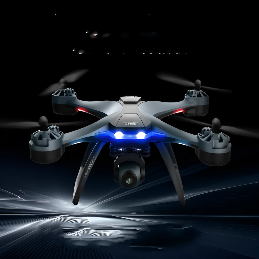 Plastic quadrocopter drone with four rotors, a handheld remote controller, and spare fan blades on a landing gear.