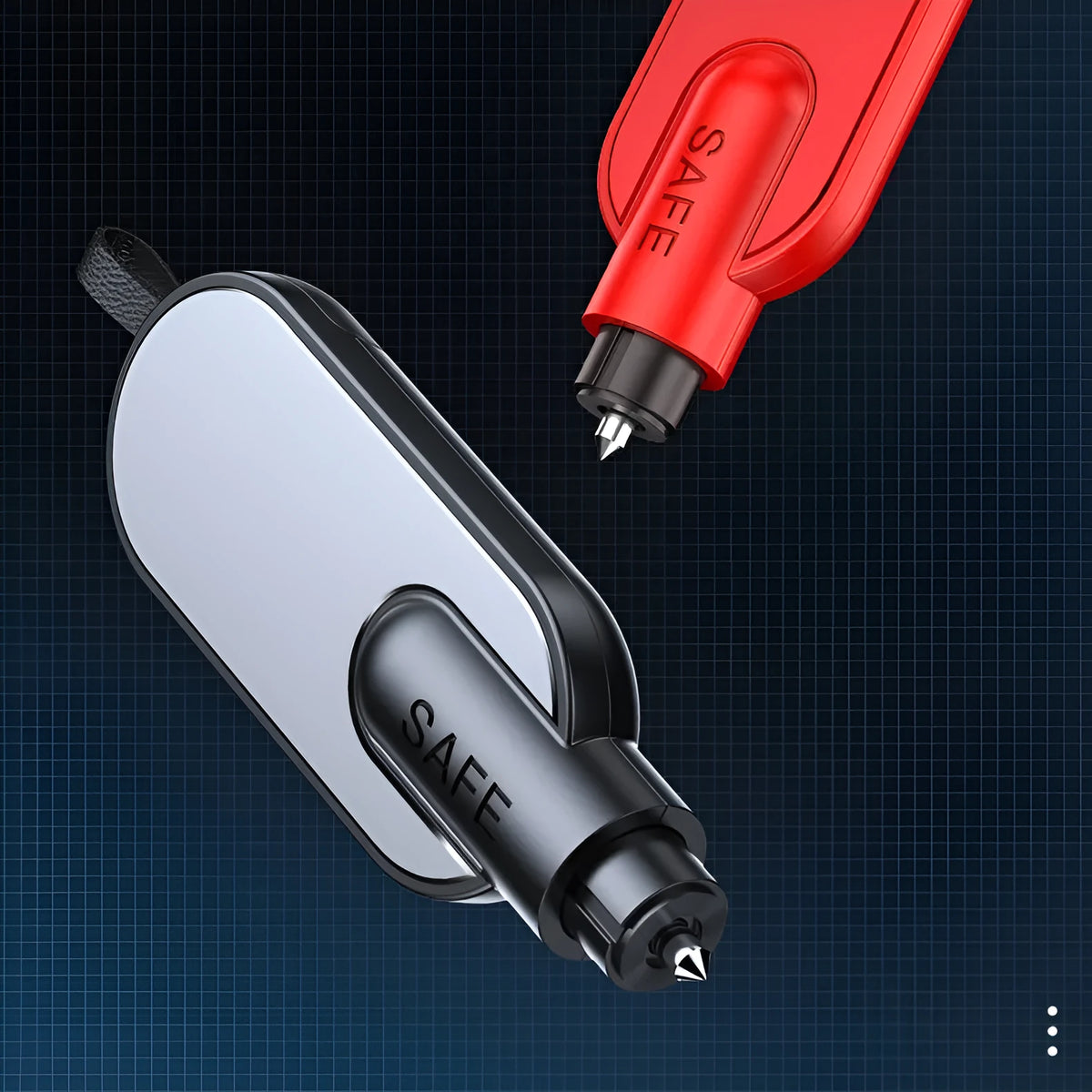 Two-in-one emergency safety hammer in A3 Black, with ABS aluminium alloy construction, window breaker point and seatbelt cutter