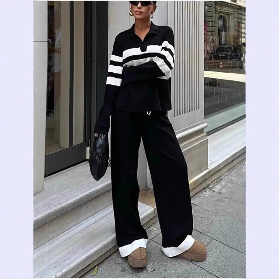 Women's black and white striped knitted two-piece set with polo collar top and trousers