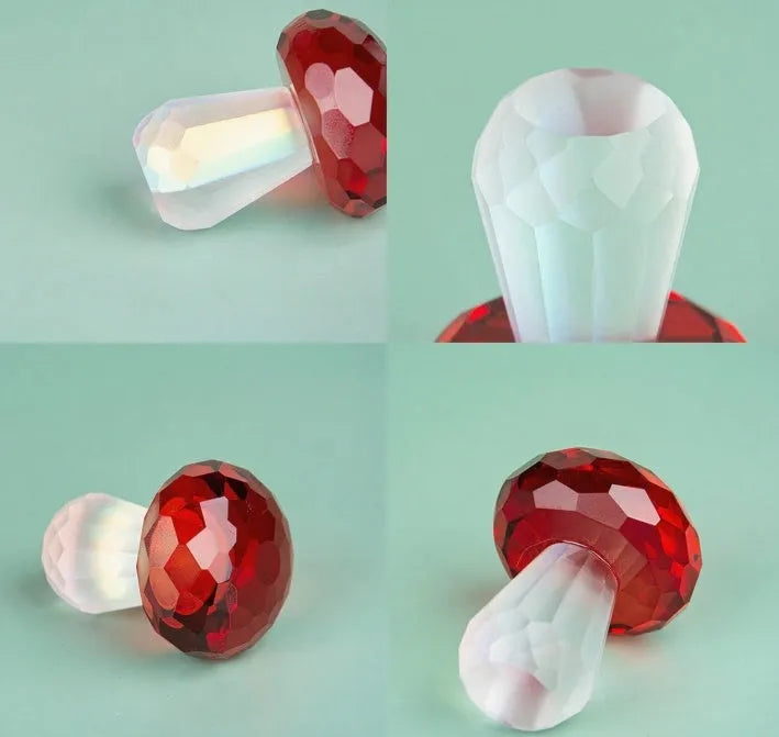 Modern crystal mushroom decorative craft measuring 40x53mm in transparent, green, red, or yellow with geometric styling