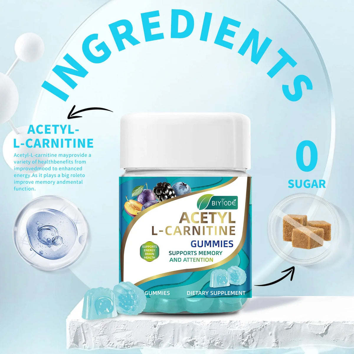 Bottle of acetyl L-carnitine gummies, mixed fruit flavour, 60 gummies per bottle, brain wellness supplement
