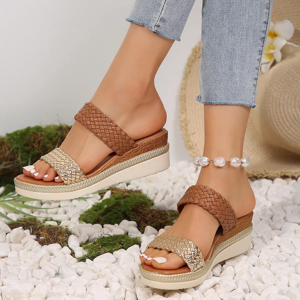 Women's plus size wedge sandals in gold and silver colours, sizes 36-43