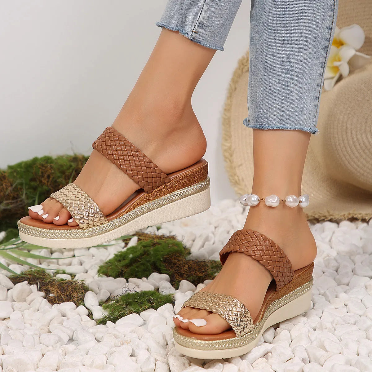 Women's plus size wedge sandals in gold and silver colours, sizes 36-43