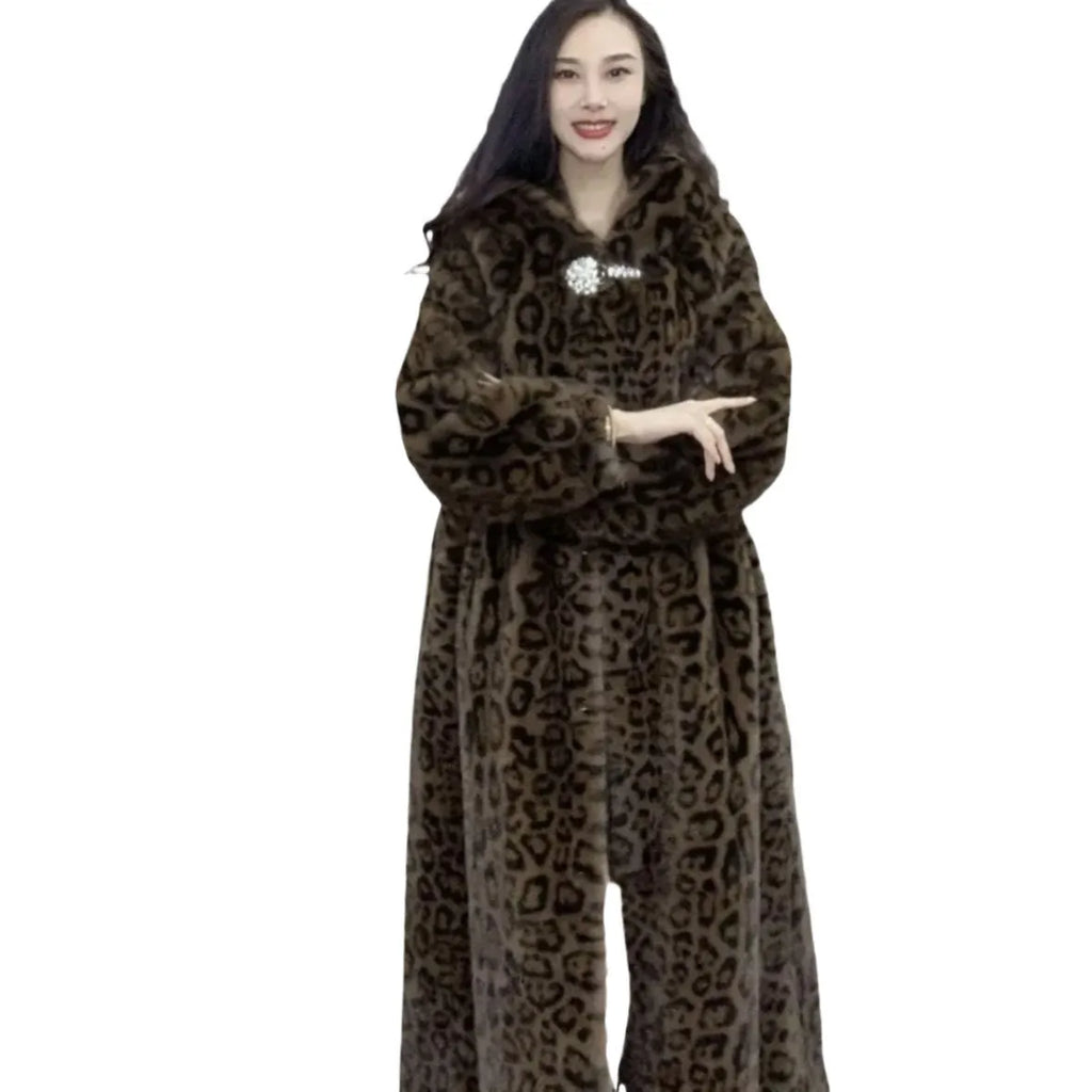 Loose fit long brown leopard print faux fur coat for women on a hanger.