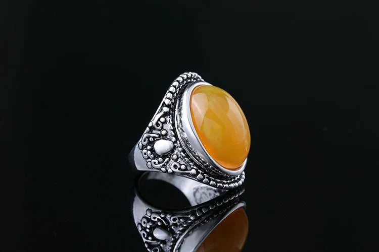 Geometric retro alloy ring with antique silver amber electroplating