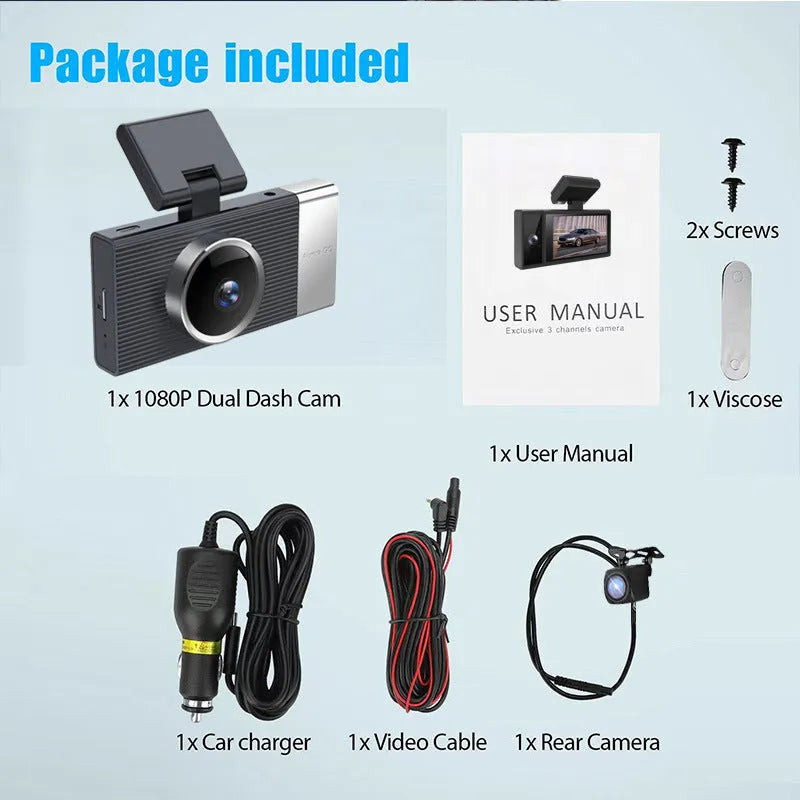 WIFI driving recorder with 3-inch screen showing multiple lens configuration options