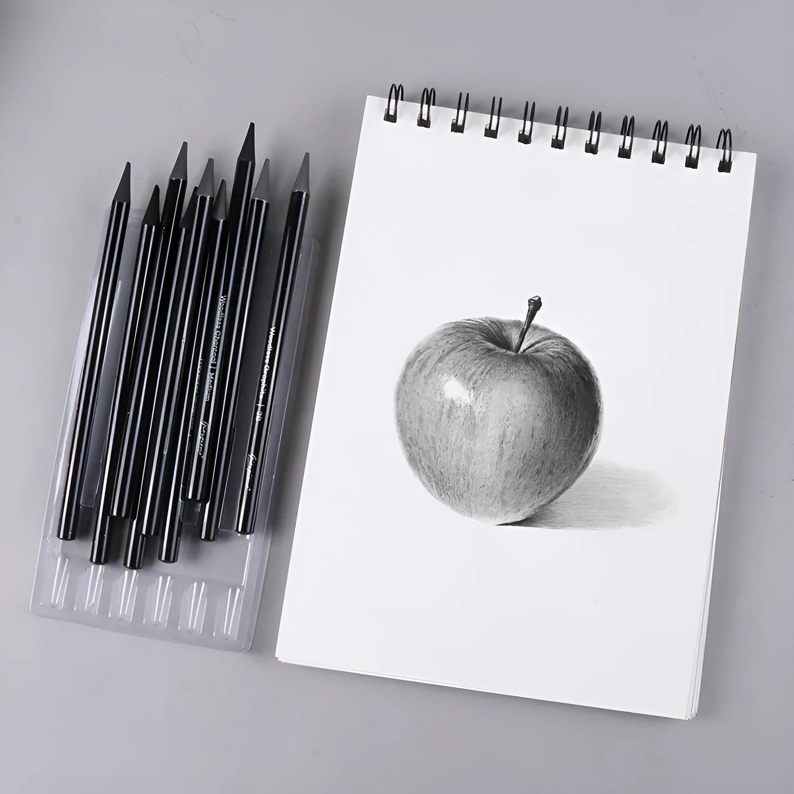 Graphite and carbonized pencil drawing set with wooden shells on suction card packaging