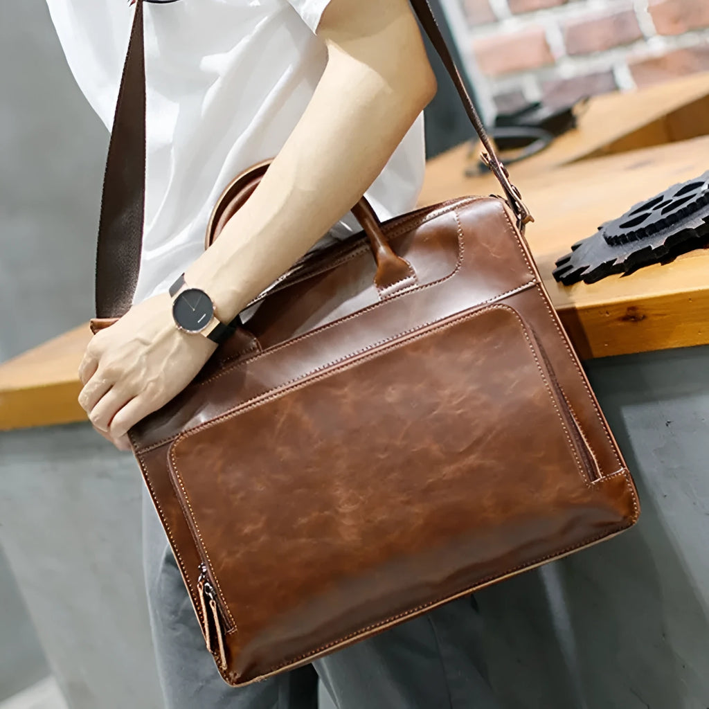 Men's genuine cowhide leather handbag coffee brown colour 38cm width 31cm height zipper closure