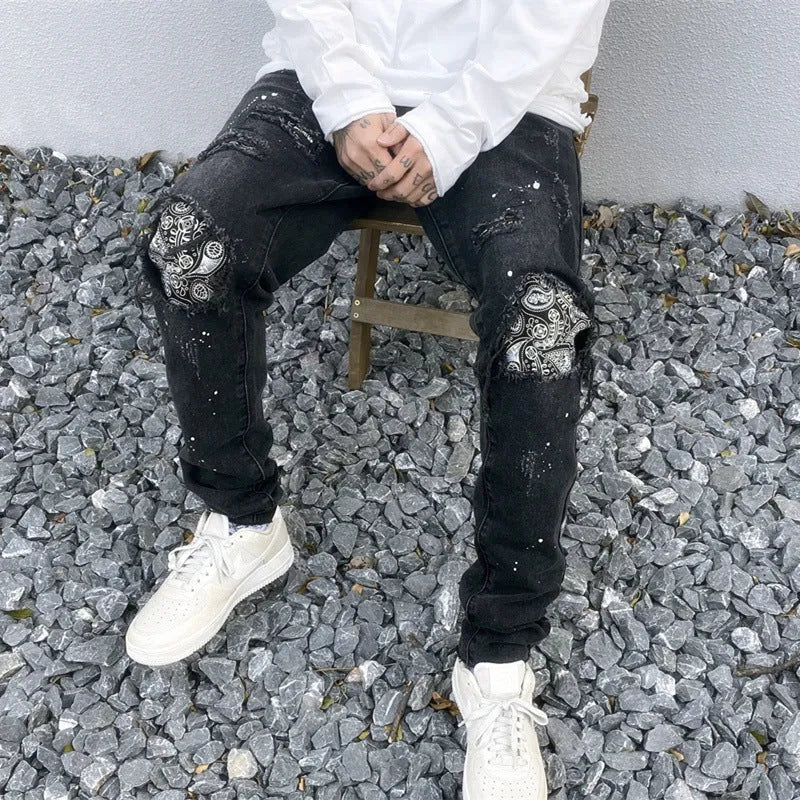 Occasional High Street black broken jeans for men with patch detailing and straight leg