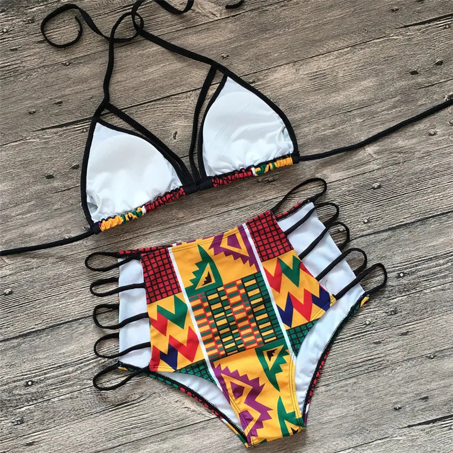 Women's high waist bikini set with digital printing pattern, showing front and back views
