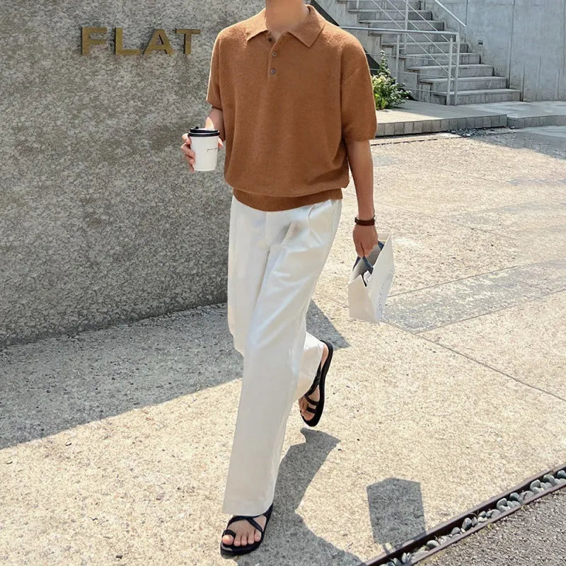 Men's caramel coloured knitted polo shirt with asymmetric design detail and short sleeves