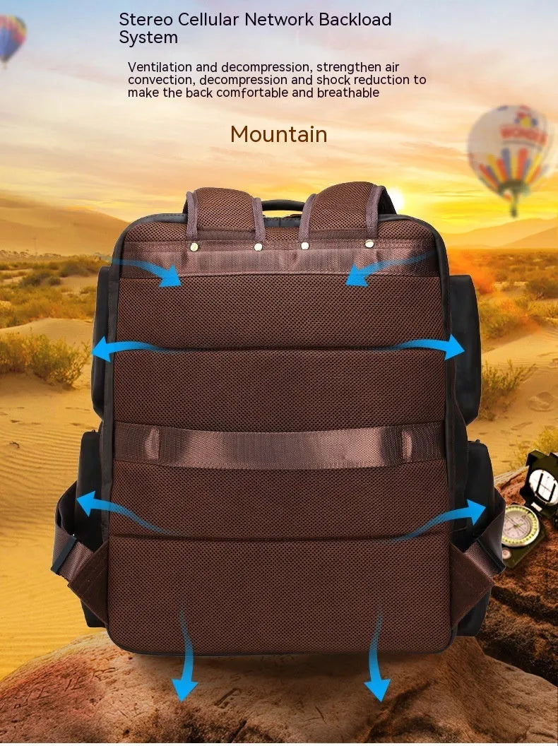 Dark brown retro genuine leather backpack for men showing front view with double straps and soft handle.