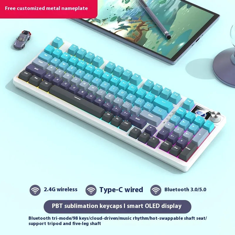 98 key wireless Bluetooth mechanical keyboard kit with optional display screen and metal knob