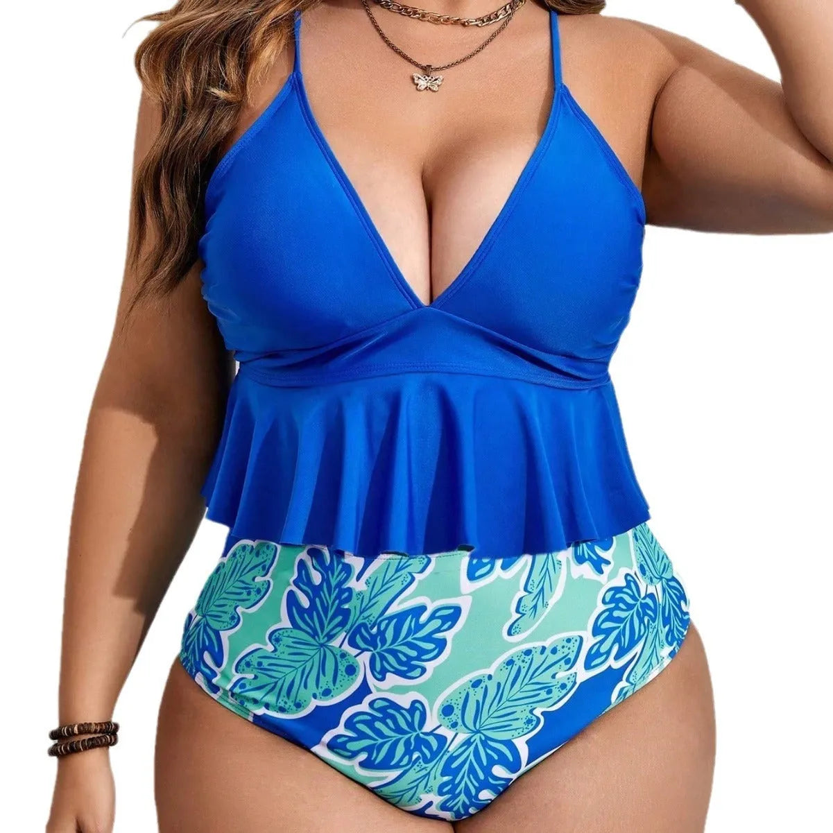 Blue two-piece polyester bikini swimsuit with split briefs, shown in sizes for fuller figures.