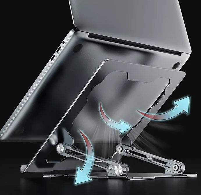 Grey adjustable aluminium laptop stand in open and folded positions on a wooden desk.