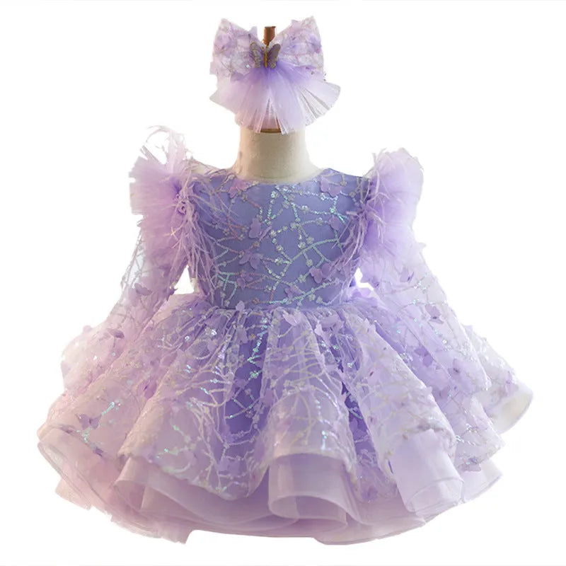 Butterfly sequined long sleeve princess dress for children in dream purple colour, suitable for heights 80cm to 160cm