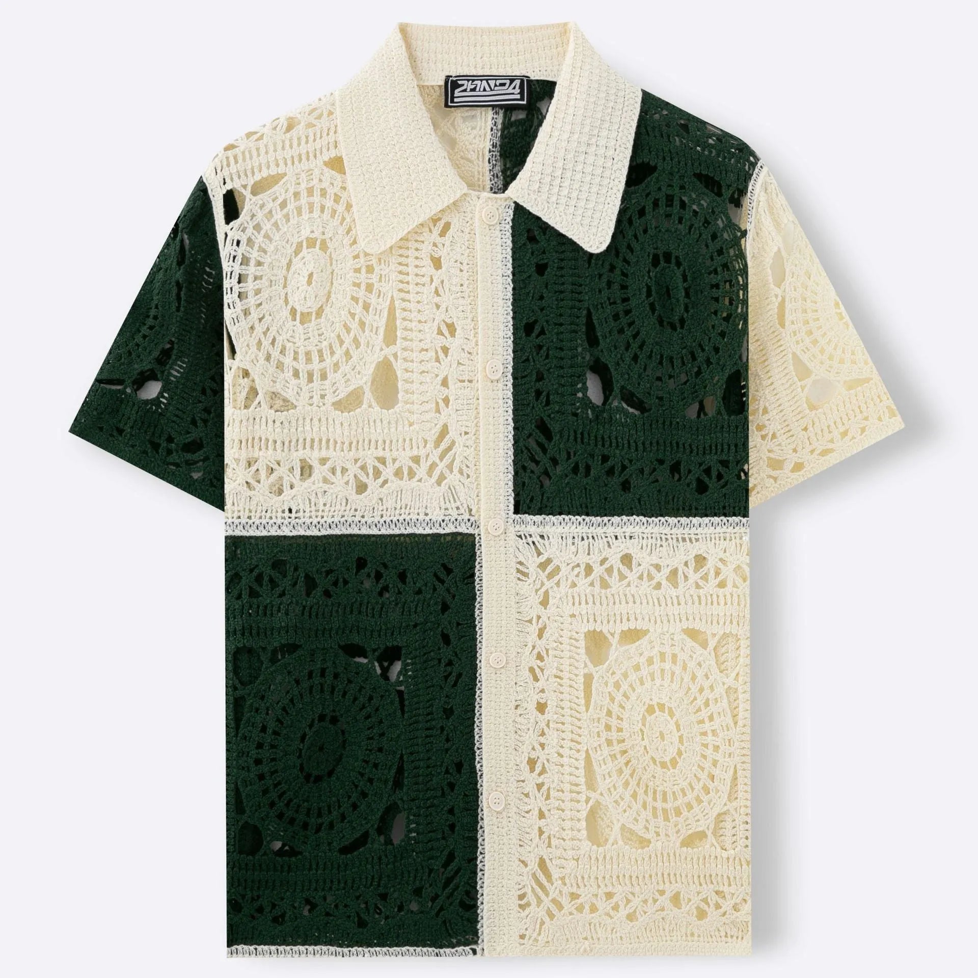 Men's beige colourblock knit shirt with short sleeves and flocking detailing