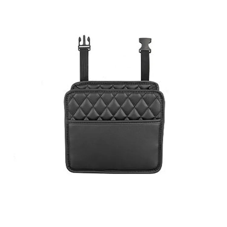 Leather car interior hanging storage bag in black, pink, green and white colours