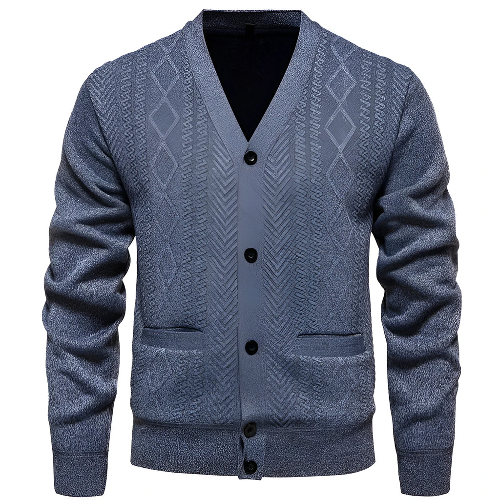 A men's long-sleeved striped cardigan sweater in a brown colour with a wool lining.