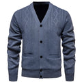 A men's long-sleeved striped cardigan sweater in a brown colour with a wool lining.
